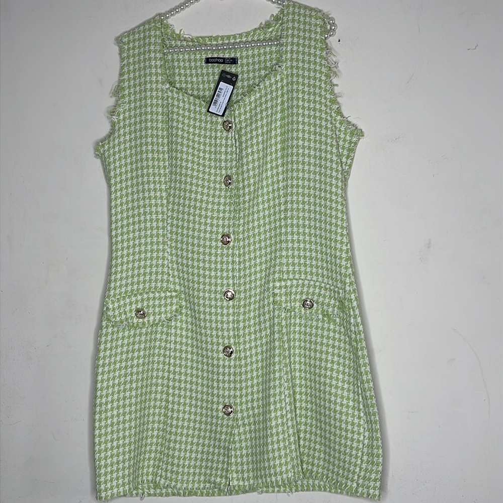 NWT! Boohoo Lime Green Flannel Boucle Pocket Front Dress Feminine US 12